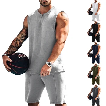 2023 мъжки комплект, всекидневни топ без ръкави, с кръгло деколте + спортни къси панталони за фитнес с еластична гумена лента за кръста, бутик, комплект от две части