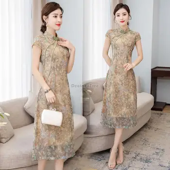 2023 лятото на новите китайски модно дебнещ рокля със средна дължина, чонсам в национален стил с къс ръкав и яка-часова, тънка рокля ципао s467