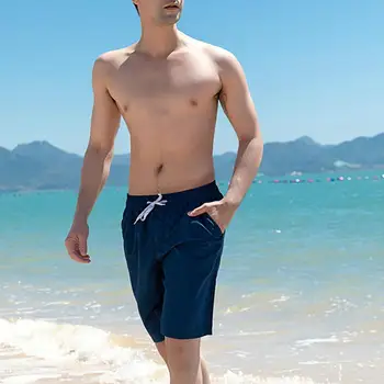 Мъжки къси панталони със средна засаждане, еластичен колан, джобове дантела прозорци, обикновена свободни плажни шорти за фитнес, спортно облекло