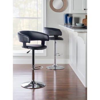 Регулируема бар стол с извита облегалка, отточна тръба на шарнирна връзка, хром с черна изкуствена кожа