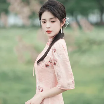 Yourqipao Лятото е дълго rose подобряване на рокля Рокля в ретро стил с елегантен принтом, модерна вечерна рокля Qipao в китайски стил за жени