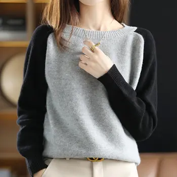 2022, новият есенно-зимния женски модерен пуловер с кръгло деколте, пуловери в стил мозайка, свободна риза с дълъг ръкав, всекидневни топъл пуловер W29