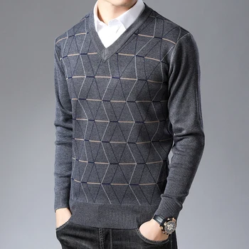 Нов модерен брендовый пуловер за мъжете, пуловери, приталенные скок с V-образно деколте, вязаная дебела топла есенна ежедневно облекло в корейски стил за мъже
