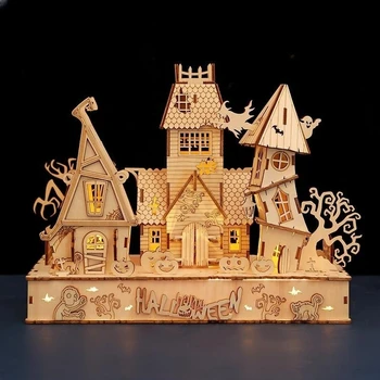 3D дървена игра пъзел за Хелоуин призрачен духове Къща дърво светлина DIY модел на сградата комплект Занаят Украса на масата играчки за детски подарък