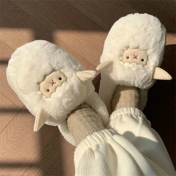 Зимна памучен обувки за жени, мода за домашни пухкави чехли със сладки анимационни агне, дамски спалня, топла кожа домашна обувки