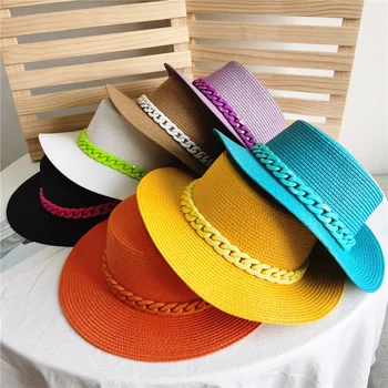 Горещите летни слънчеви шапки, солнцезащитная шапка с голяма периферия, дамски шапка с плосък покрив, акрилна верига от ярки цветове, модни и ежедневни сламена шапка на едро