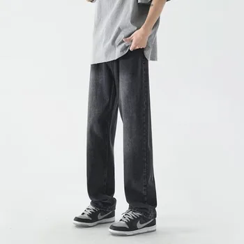 Летни универсални мъжки панталони свободно намаляване на контрастен деним с занемарено заплатками в ретро стил, прави панталони-меки материали, модерен улични ежедневни панталони