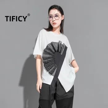 TIFICY Лятна нова дамски градинска стилна тъмно-черна тениска с 3D цветен дизайн, нередовна дамски тениски с къс ръкав, отгоре