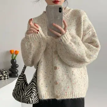 2023 Есенно-зимния свободен вязаный пуловер, женски модерен жилетка в многоцветен грах, пуловер, корейски уникален вязаный топ