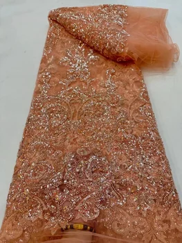 Луксозни дантелени тъкани orange последователност, Нигерийски дантела 2023, окото лейси плат с бродерия, 3D мъниста, африканска сватба лейси плат