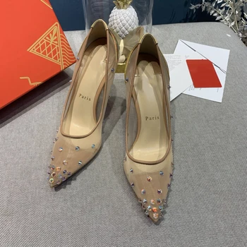 Висококачествени дамски обувки на висок ток, луксозни модни дамски обувки с червена подметка с блестящи кристали, класически дизайнерски обувки в стил ретро с висок ток 10 см 1687HJ
