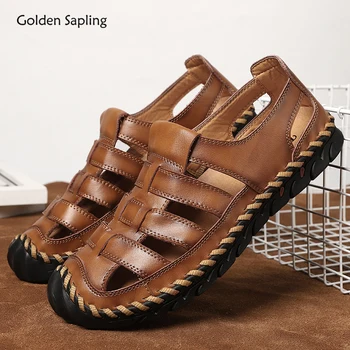 Golden Sapling/летни обувки, мъжки сандали от естествена кожа, дишащи плажни сандали на равна подметка за почивка и партита, градинска ежедневни обувки
