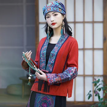 2023 Есенна жилетка Hanfu с бродерия в китайски стил, модни реколта сако, дамско свободно палто в новия национален стил, къси женски