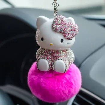 Kawaii Здравей Kittys, плюшен окачване на колата, аниме Kt Cat Hairball, диамантени бижута, окачване на огледалото за обратно виждане, аксесоари за украса на колата