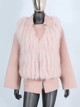 FURYOURSELF Нов жилетка от естествен лисьего кожа, зимно яке, дамско палто от смес от естествена вълна и кашмир, преносимо топло ново модно ежедневното с V-образно деколте