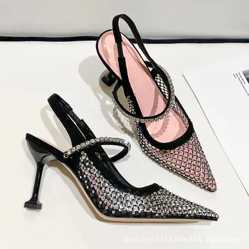 Пролет 2023, нови мрежести дамски сандали на висок ток с остър пръсти, женски леки черни фини обувки на висок ток, женски