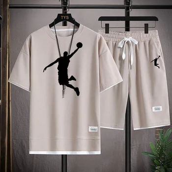 T-shirt de basket-ball sportif pour hommes, haut-à-manches courtes, soutien-gorge décontracté, mode estivale, ensemble de 2 pièc