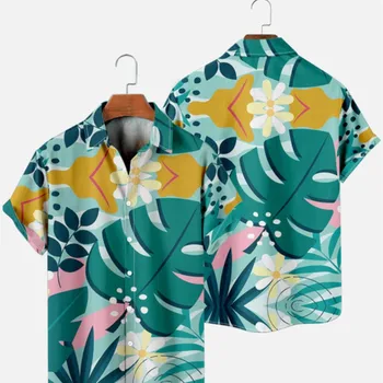 Хавайски мъжка риза в стил ретро, за лятната ваканция с големи геометрични принтом, модни и ежедневни однобортная плажно облекло с къси ръкави
