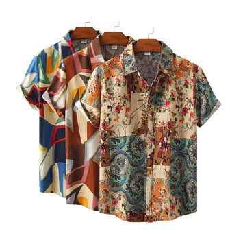 Мъжки памучен риза от полиестер, лятна риза с къс ръкав в стил бохо, дишащи хавайски плаж на мъжки ризи, ежедневна блуза за мъже