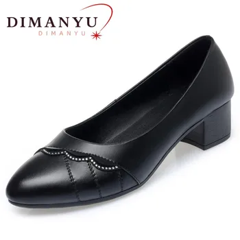 Дамски офис обувки DIMANYU на среден ток, ново 2023 г., дамски пролетно обувки от естествена кожа, дамски обувки за пътуване до работа, по-големи размери