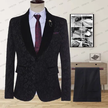 2023 Черно жаккардовый блейзър с бронзов цветисти принтом, мъжки луксозна марка, яке на една пуговице, мъжки костюм за сватбени партита, с костюм Homme