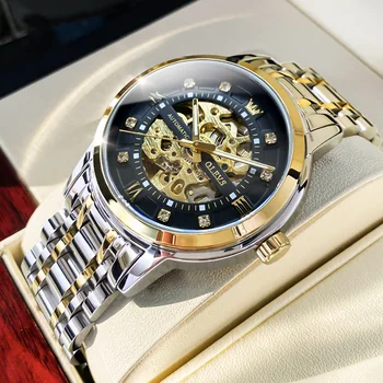 OLEVS Часовници-скелет на мъжки водоустойчив светещи ежедневни автоматични механични часовници, Спортни мъжки ръчен часовник от черна стомана Reloj Hombre