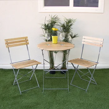 Комплект за вътрешен двор-бистро от 3 дървени талпи с маса и 2 стола, кафяв, градинска мебел