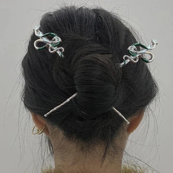 Щипки за коса във формата на змии от сплав, декор от зелен кристал, пръчка за коса, изкуствена коса в ретро стил за жени, аксесоари за коса за момиченца