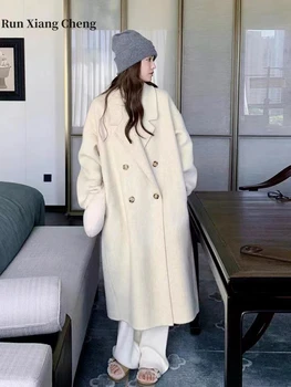 2023 Есенно-зимния ново палто от вълна от овце, от висок клас, двустранно вълна палто с дълги ръкави, дамско палто със средна дължина, безплатна доставка