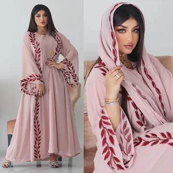 Розова рокля с кръгло деколте и превръзка на главата, градинска мода в Близкия Изток, Лятна шифоновая дълга мюсюлманска бродерия