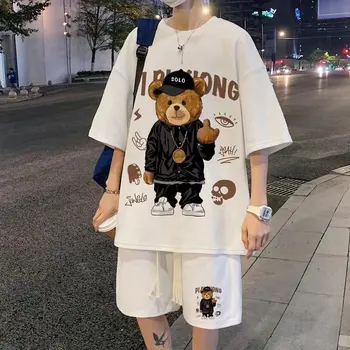 Корейската мода градинска облекло в стил хип-хоп, Рок, всекидневни кратък костюм, тениски с забавни мечка, къси панталони, комплект от 2 теми, летен спортен костюм, дрехи за мъже