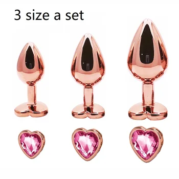 Дъга Розово злато розово Малък Среден 3 размера, определени в формата на сърце Кристал Метални анални мъниста анален накрайник Бижута, секс играчки за жени, мъже