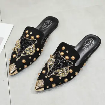 Чехли с кристали във формата на лисьей главата, дамски лятна връхни дрехи Baotou, универсална обувки Мюлер на равна подметка с острия пръсти