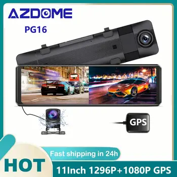 AZDOME PG16 Кола и Огледален видео Рекордер GPS 1296P С две Камери 11-инчов Сензорен Екран за Задно виждане Dash Cam Stream Media видео Рекордер за Нощно Виждане