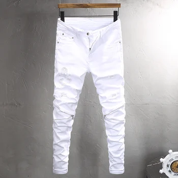 Улични модерни мъжки дънки, бели еластични стегнати ластични скъсани дънки, мъжки ленти с мъниста, дизайнерски панталон-молив в стил хип-хоп, пънк, Hombre