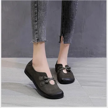 2020 Новата есенна дамски обувки на равна подметка в ретро стил от естествена кожа, с кръгли пръсти, ежедневни дамски обувки с мека подметка, обувки за шофиране, от телешка кожа на горния слой