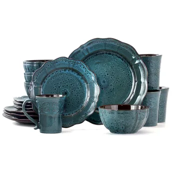 Луксозен синьо комплект кръгли керамични съдове за готвене от 16 теми за масата за хранене 
