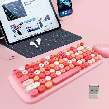 Комплект безжична клавиатура и мишка 2,4 G, цвят: девчачий розово, мини-клавиатура и мишка