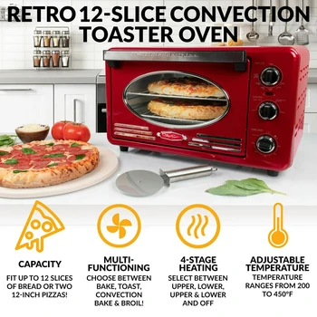 Многофункционална ретро-конвекционная тостер-фурна с голям капацитет на пълнене и 0,7 куб. фута, Ретро червен
