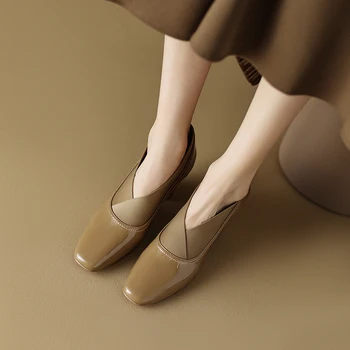 Пролетно-есенен Дамски обувки от телешка кожа С квадратни пръсти, Лакирана Кожа Еластичен Колан, на Висок Ток, Проста Дамски обувки На Дебелите ток