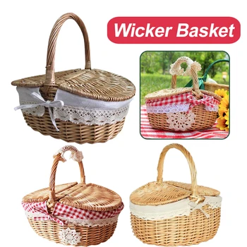 Голяма кошница от ракита ръчно изработени с дръжка за пикник, къмпинг, плетене на ракита, за съхранение на плодове, продукти, украса на дома, органайзер