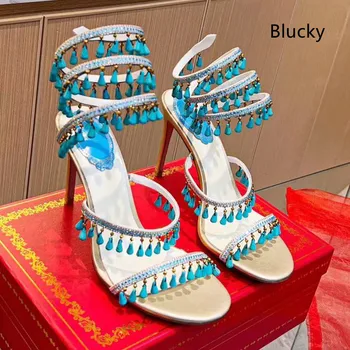 Дамски луксозни обувки на висок ток са ръчно изработени, украсени с мъниста и кристали, дамски сандали с каишка на щиколотке и кичури с кристали