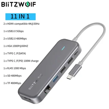 BlitzWolf 11 в 1 C USB HUB USB-C Док-станция с 4K @ 30Hz HD VGA, RJ-45 1000 Mbit/USB3.0 PD 100 W 480 Mbps Слот за четене на карти памет