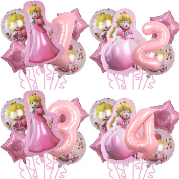 Нова тема анимационни игри Марио, алуминиев балон, праскова принцеса рожден ден, украсена с балони, фонова стена, момиче