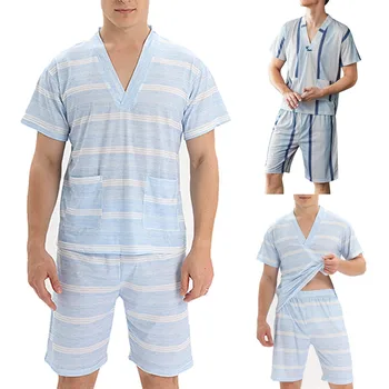 Лятна пижама на райета, пуловер, къси панталони, комплект от 2 теми, пижами, мъжки пижами, домашно облекло, спално бельо, мъжки дрехи за сън, облекло за почивка