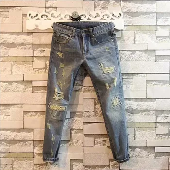 Мъжки дънки, универсални американски улични разкроена дълги панталони с увредена еластична гумена лента с висока талия, стари ежедневни панталони, които може да се пере