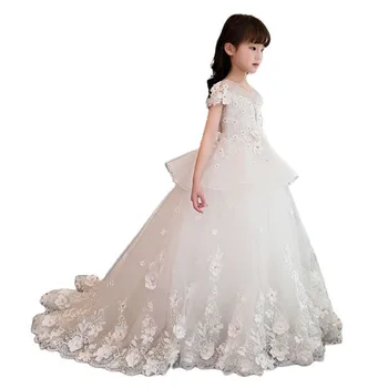 Рокли трапецовидна форма с цветя модел за момичета на сватба, илюзия прозрачна гърба, празнична рокля за първо причастие, вечерни рокли с аппликацией от мъниста