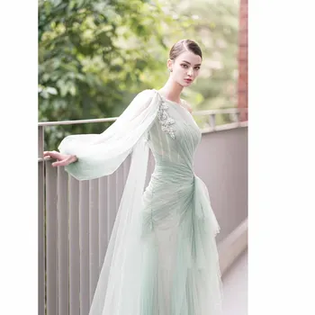 GIOIO Луксозни вечерни рокли с едно рамо с дълги ръкави в сгъвката на дължина до пода, елегантни рокли за абитуриентски бал за възрастни и жени
