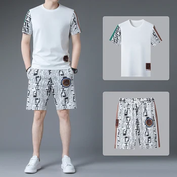 Брандираната тениска с графичен принтом, мъжки дрехи, 38% памук, баскетбол, спортно облекло, лятно нов случайни мъжки комплект от топ и къси панталони