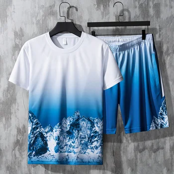 Мъжка тениска + шорти, лятото дишащи случайни комплект за джогинг, модерен спортен костюм с принтом Харадзюку, 2023, нови дрехи 4XL